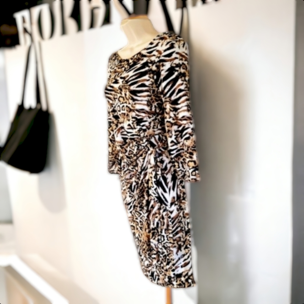 AA Studio rouched waist animal print 3/4 sleeve bodycon dress size 10